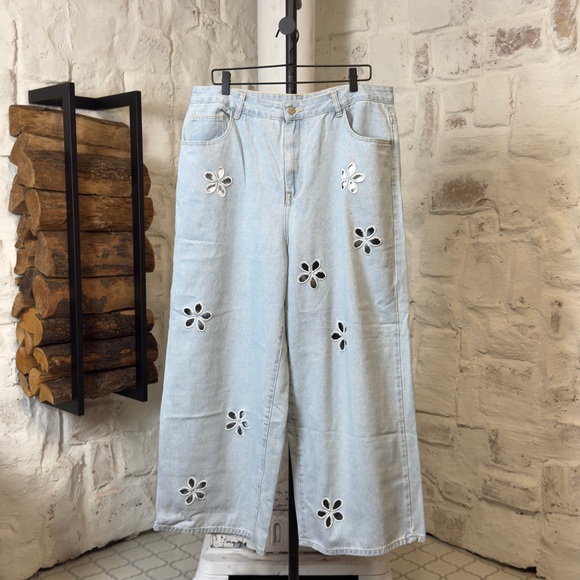 Cider Denim - Cider Light Blue Floral Cutout Wide Leg Jeans